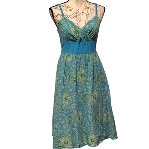 Derek Heart Y2K Paisley Dress Large Blue Green Knee Length Empire Waist Twee